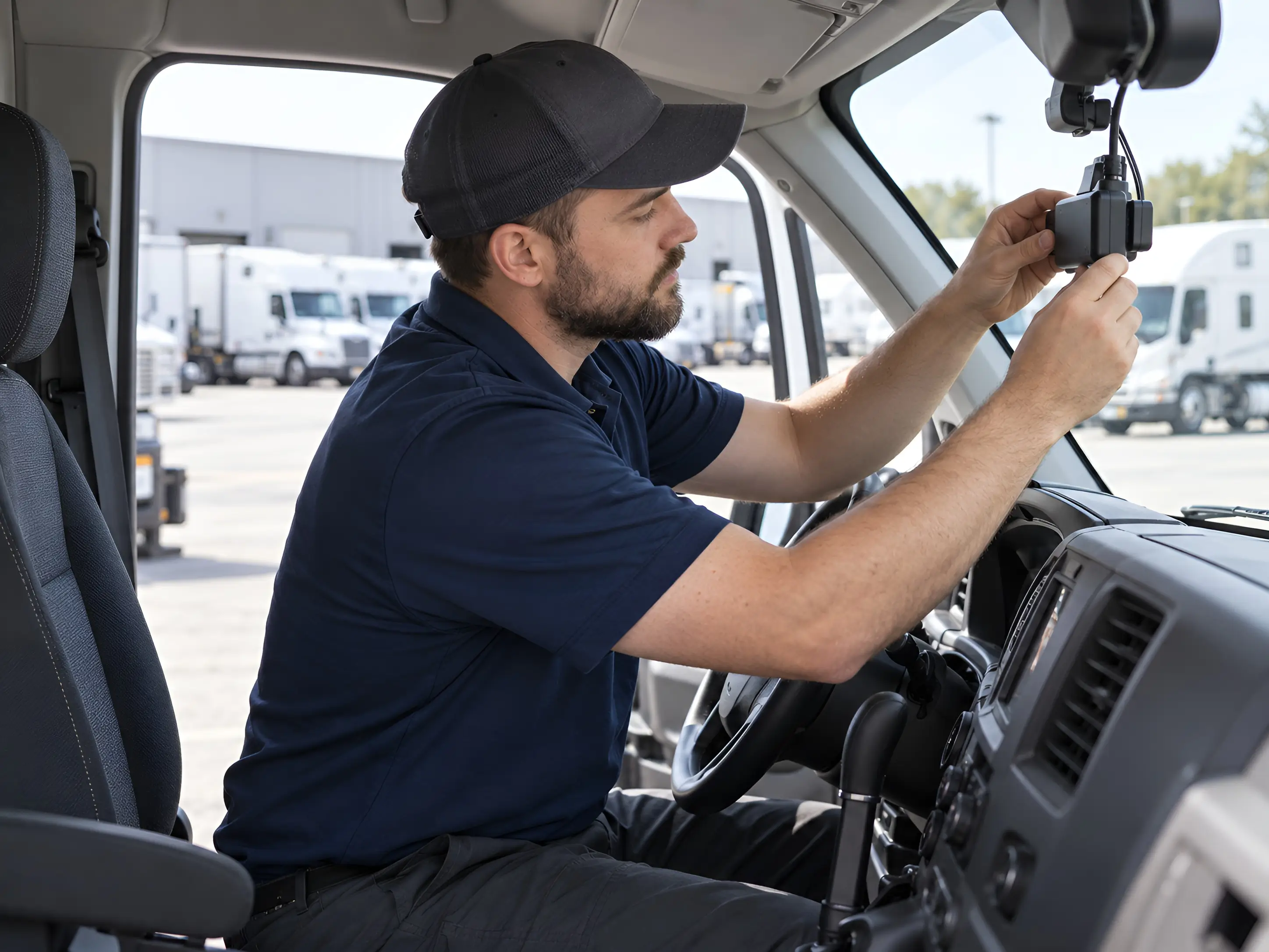 Technician in a dark cap and navy polo shirt seated in the cab of a white van, mounting a small device on the windshield near the mirror, with parked white semi-trucks visible outside