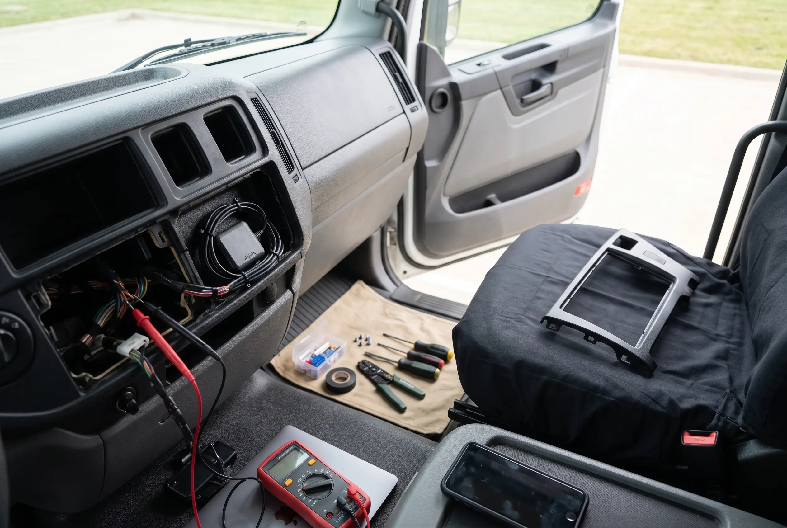 Truck cab with a dash panel removed, a GPS device and wiring exposed, and a multimeter and hand tools laid out nearby