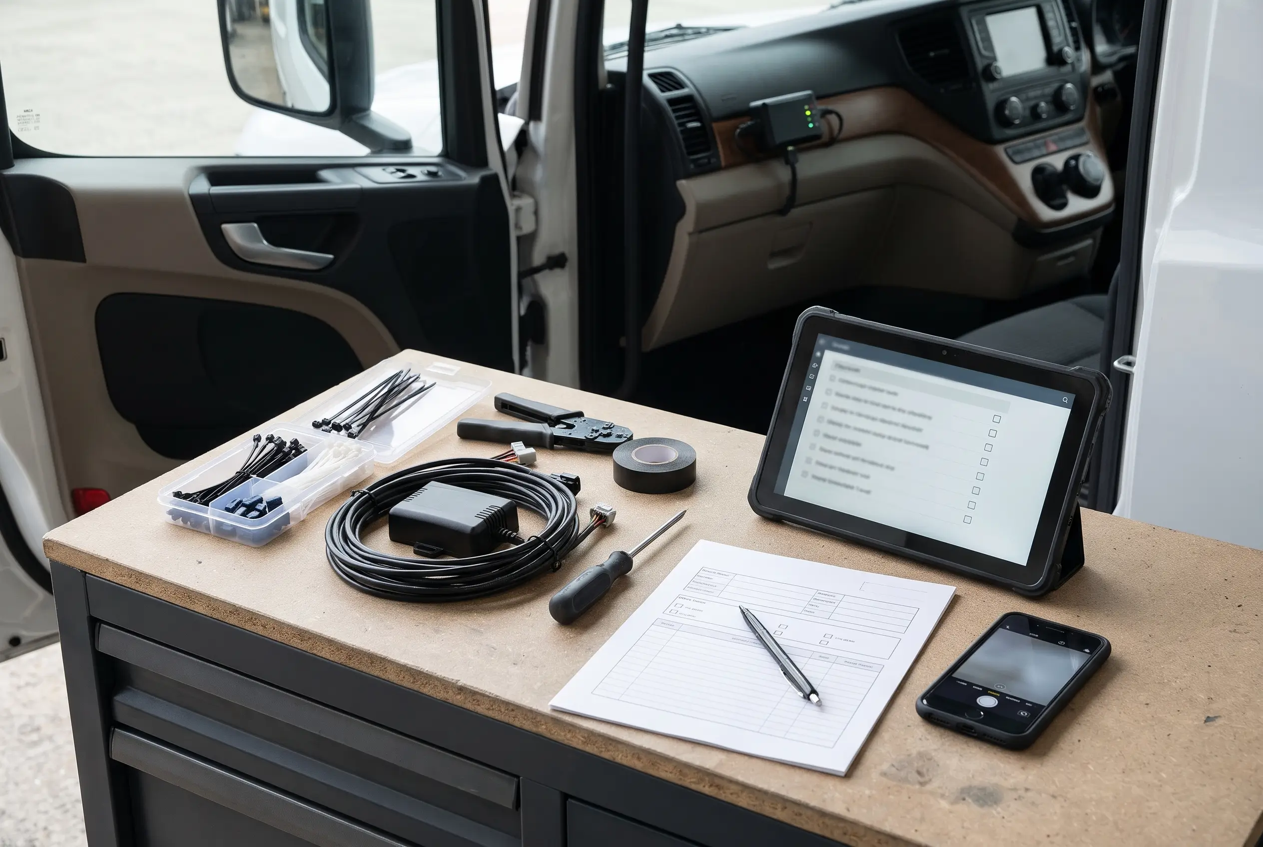 Workbench beside a van holding a tracking device with cable, hand tools, a tablet checklist, a paper form, and a phone
