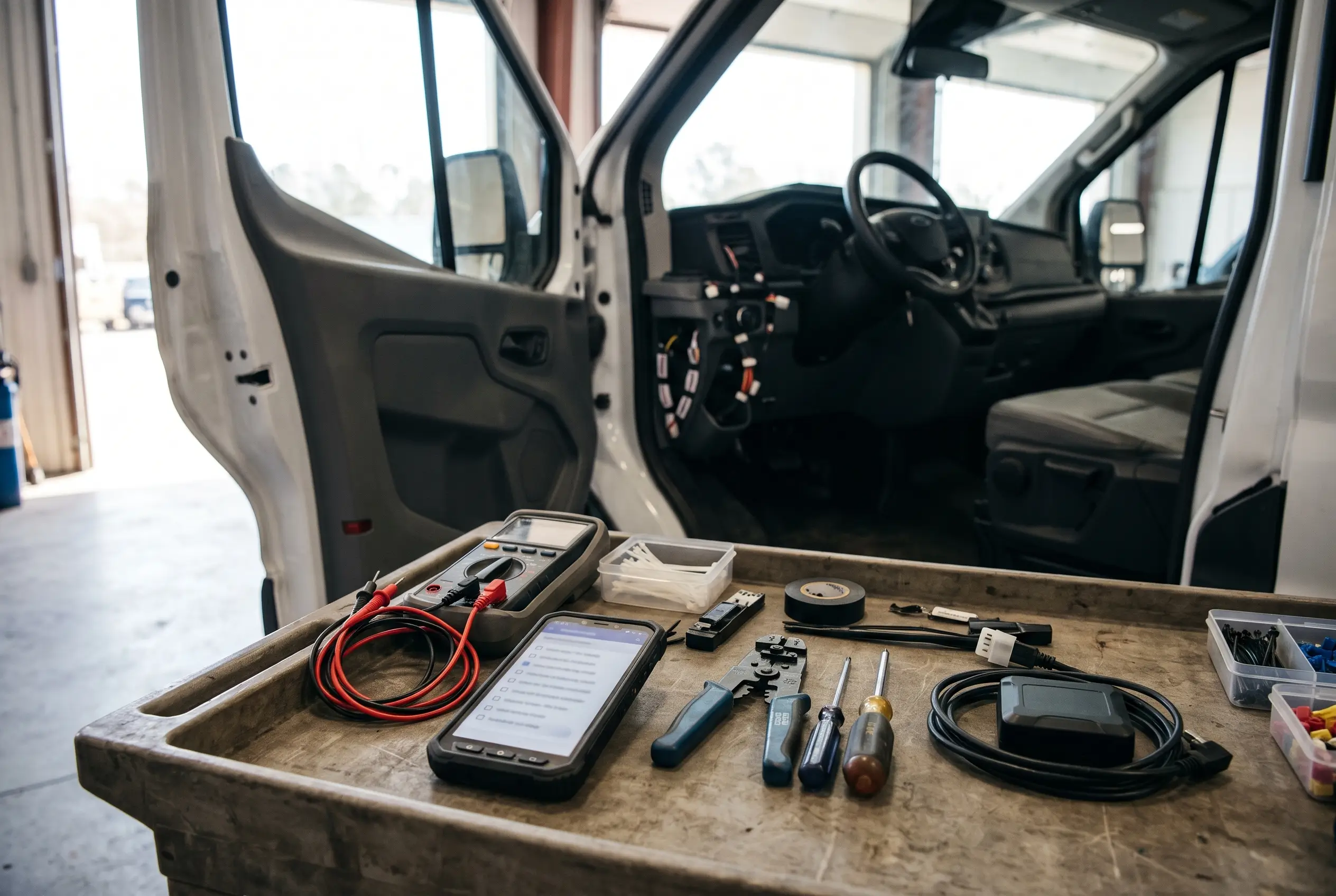 Tool cart beside an open van door holding a multimeter, a phone showing a checklist, wire strippers, screwdrivers, a tracking device with a cable, and bins of connectors