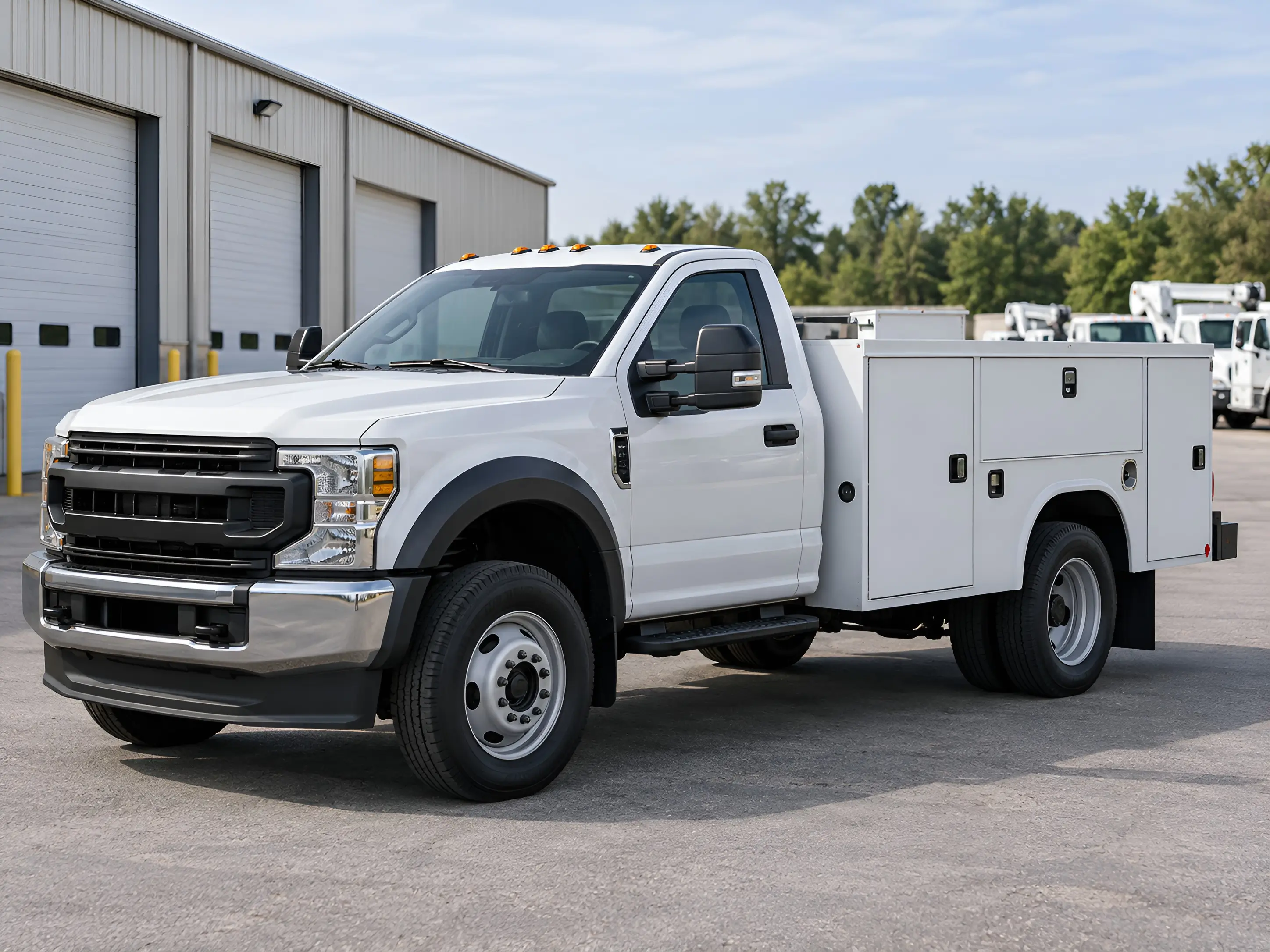 White commercial service truck with an enclosed utility body parked in front of a garage building
