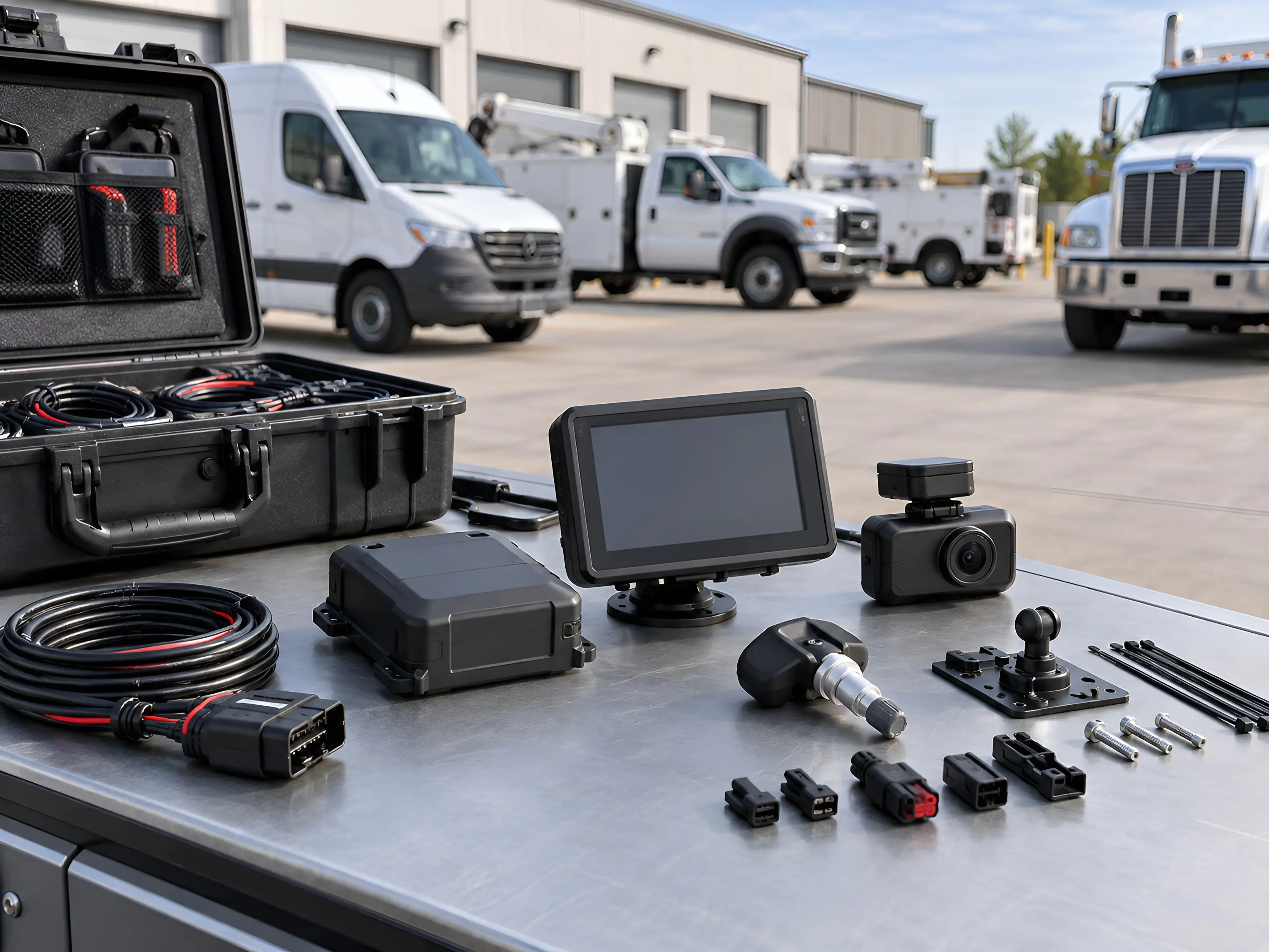 Fleet electronics equipment, including a dashcam, a display, a tire pressure sensor, and wiring, laid out on a table in front of a work van and service trucks