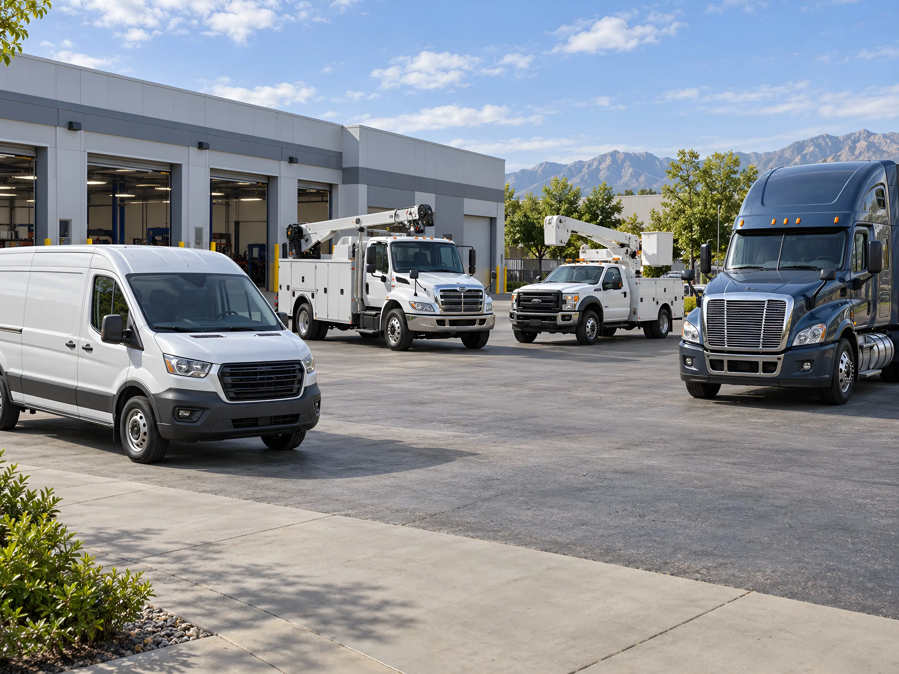 Commercial fleet vehicles in a service yard, including a work van, utility service trucks, and a heavy-duty truck