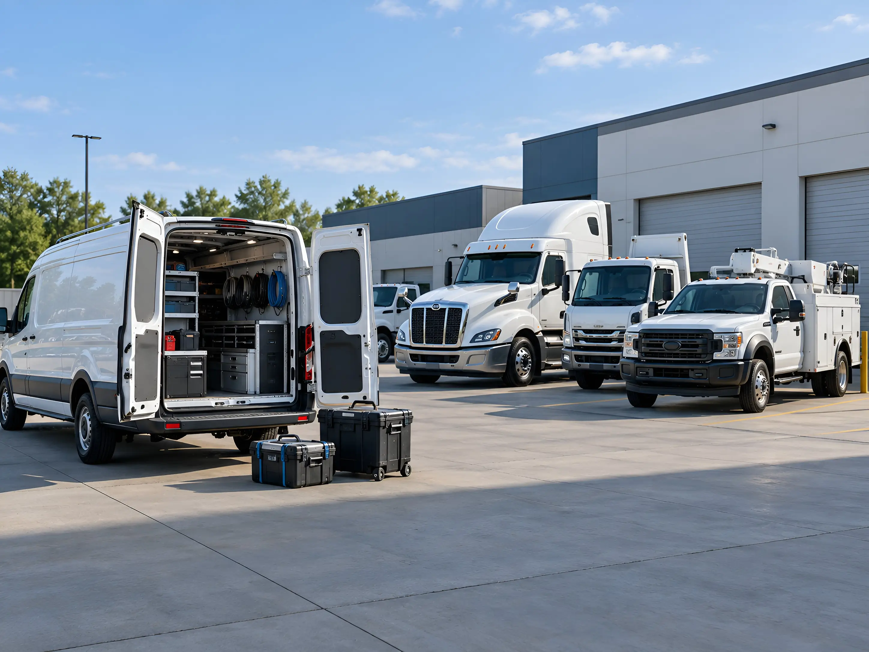 Mobile fleet installation service vehicle at a commercial project location
