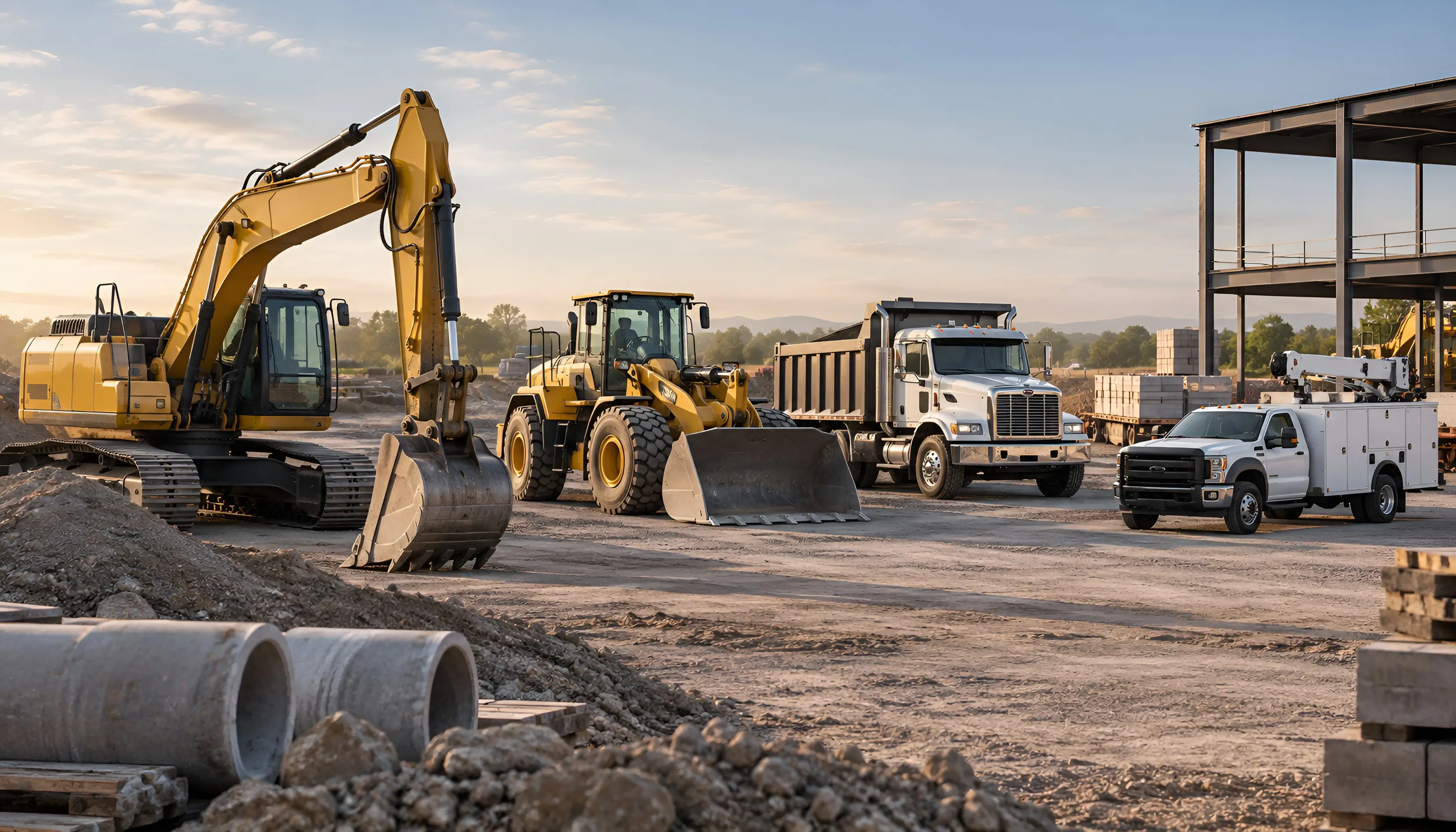 Construction equipment and vocational vehicles staged at a construction site.