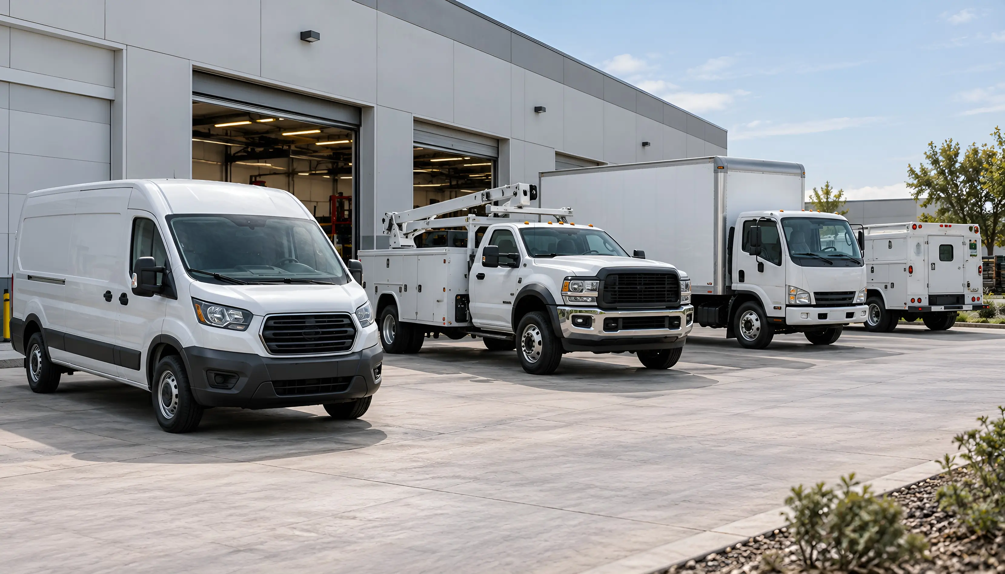 Delivery vans, utility trucks, and commercial vehicles at a service facility.